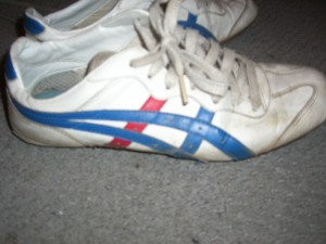 ein paar girly asics aus einem strassenmülleimer