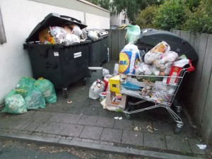 Was für eine große Schweinerei! Im Hintergrund sieht man den Großmüllcontainer mit den adidas-Sneakern drin.