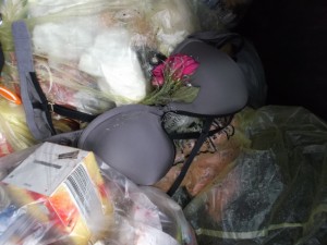 Sieht zwar aus wie ein Trauergebinde zur Beerdigung des BHs im Müllcontainer, aber es spielte der Zufall des Mülls diese Ironie.