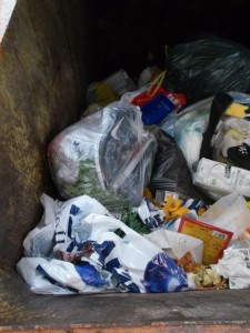 Wie schnell es wohl geht, bis die Bewohner des Hochhauses diesen Großmüllcontainer gefüllt haben?