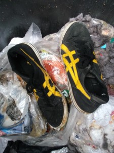 Eklig nach Müll stinkend und teilweise von Müllbrühe durchtränkt, haben die asics die gut zwei Wochen im Hausmüll relativ gut überstanden.
