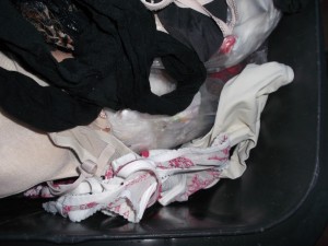 Der zarte bunte Frauenmüll spiegelt sich in unserer gepflegten Restmülltonne. Zwar nicht mehr ordentlich zusammengelegt im Wäscheschrank, aber - noch - reltiv sauber geblieben; mit einer feinen Duftnote nach Weichspüler und Müllgestank.