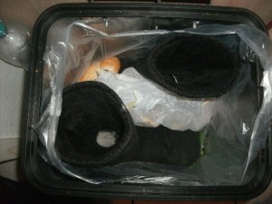 Sofort kam ein Tütchen mit verdorbenen Lebensmitteln und ein altes Brötchen zu den UGGs.
