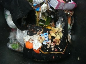 Trotz oder gerade wegen des ekligen Anblicks: Ein eigentlich ganz gewöhnliches Ende für Schuhe im Hausmüll!