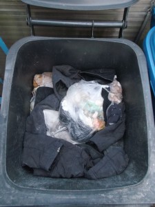 Eben noch lagen ausrangierte Kleidungsstücke auf der Mülltonne; nun konnte man nur noch &quot;undefinierbaren&quot; Lumpendreck auf den ersten Blick erkennen.